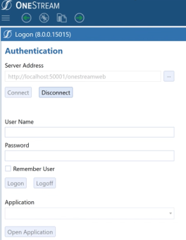 The Logon screen for native authentication only has a blue Authentication heading at the top with a server address below in a rectangular field. There are fields to enter a User Name and Password. There is also an Application drop-down menu that is a rectangle with a black down arrow.